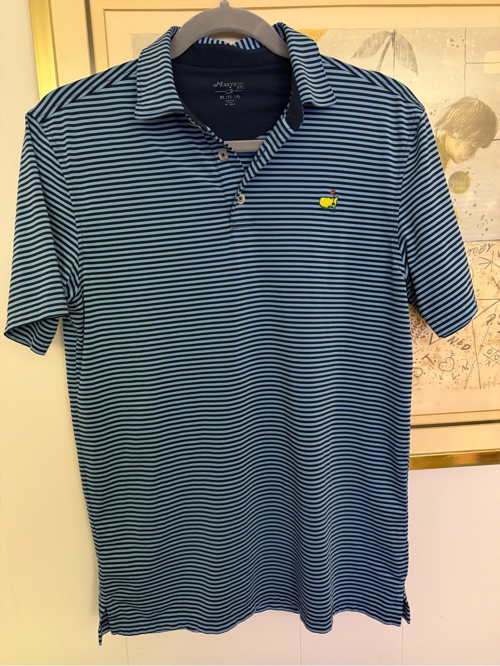 Masters Blue and Navy Striped Polo with Yellow masters Logo- boys XL 12-14